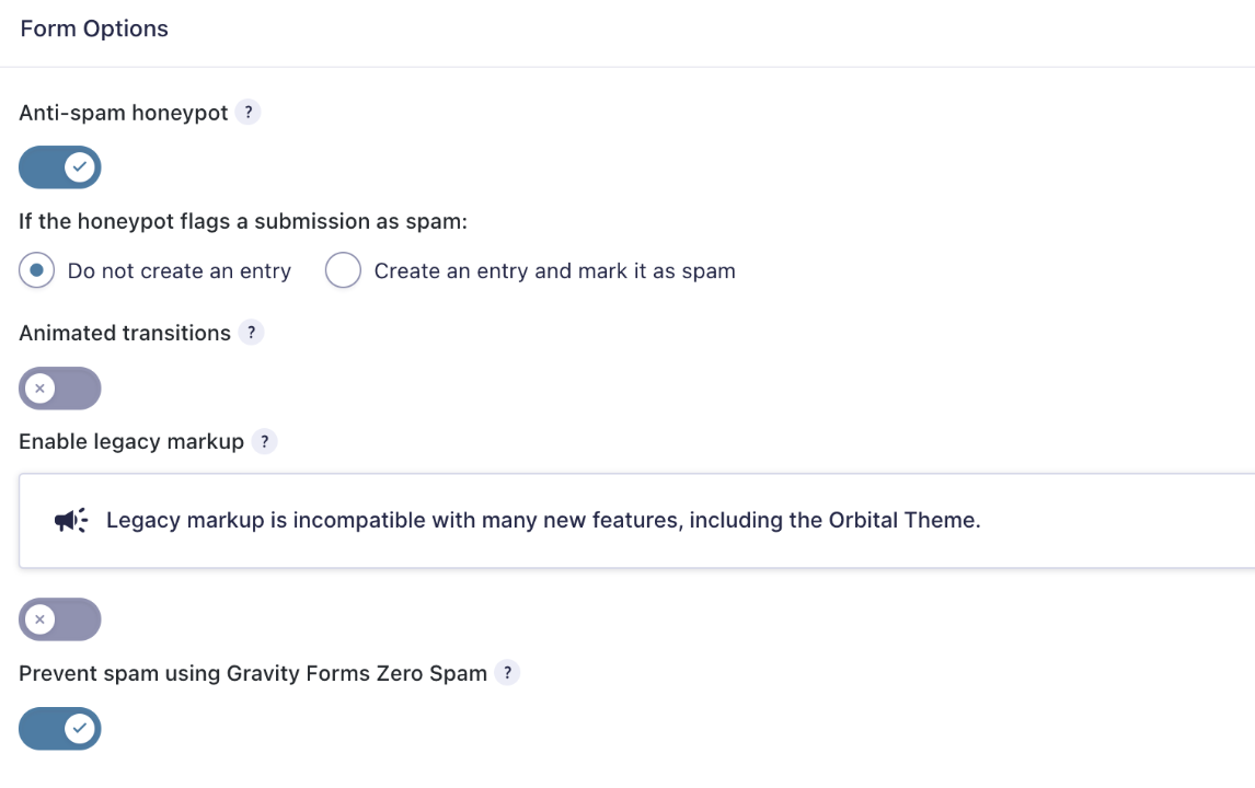 Screenshot of the Gravity Forms form options, with anti-spam honeypot enabled, honeypot flagged submission set to false, animated transitions disabled, legacy markup disabled, and prevent spam using Gravity Forms Zero Spam enabled.